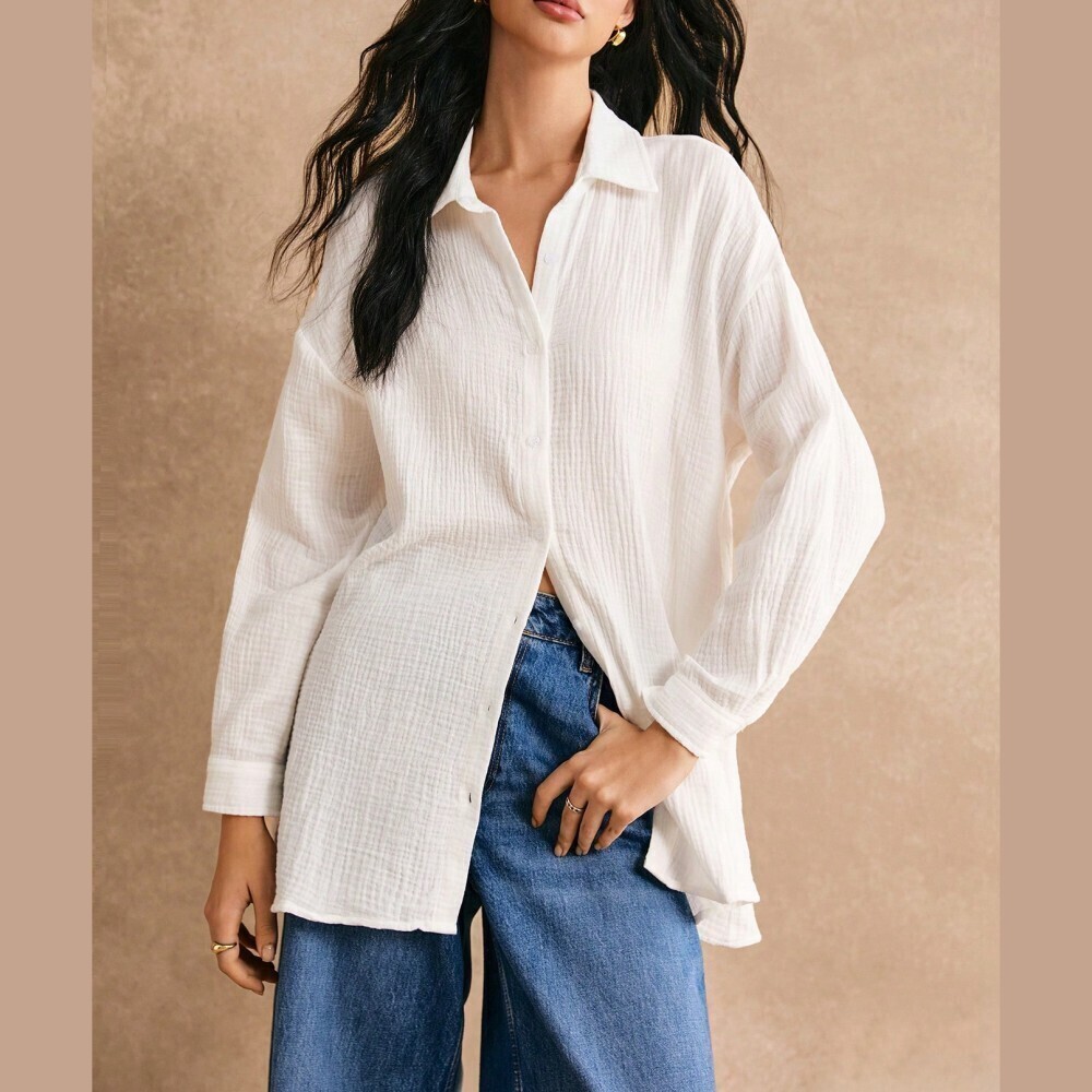 White Cotton Ribbed Gauze Oversized Button Down Shirt